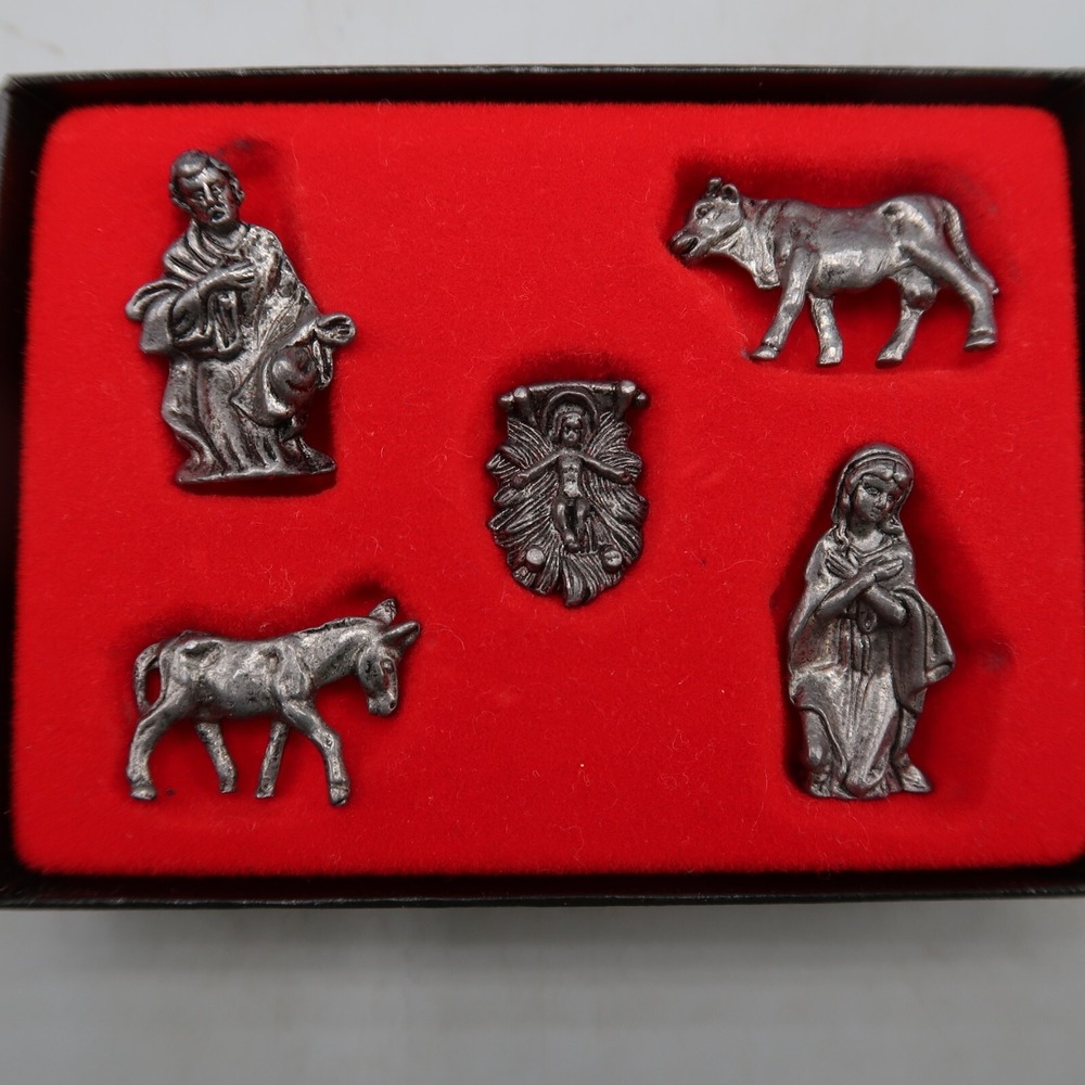 Vintage Miniature Self Standing Pewter Figurines Nativity Set 5 Pieces